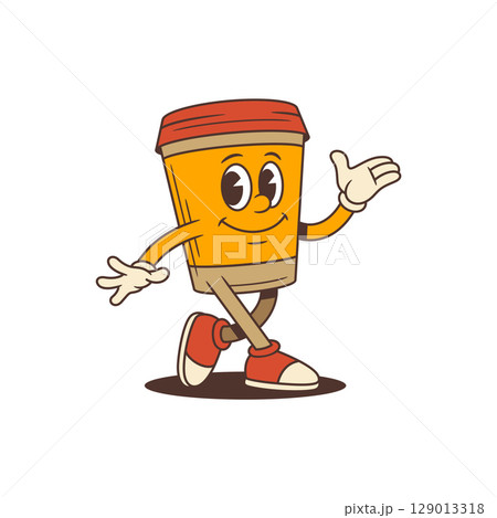 Cheerful Coffee Cup Mascot Walking With Welcoming Gesture And Friendly Expression Vector Illustration 129013318