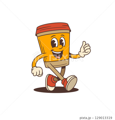 Cheerful Orange Coffee Cup Mascot Running With Thumbs Up Gesture And Energetic Pose Vector Illustration 129013319