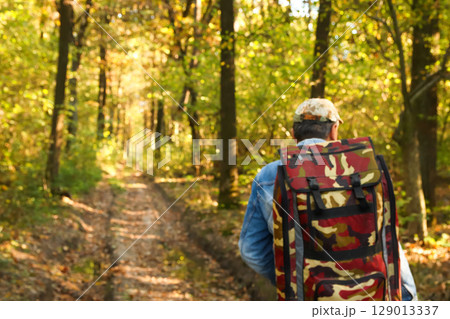 A lone man with a backpack is captured in a blurred background shot, hiking through a vibrant forest. This image evokes the spirit of summer or autumn travel and adventure 129013337