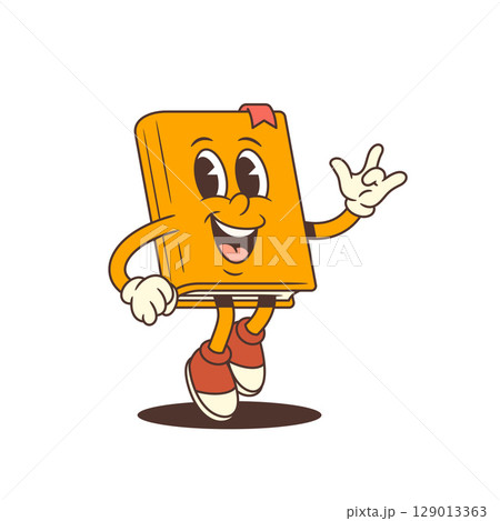 Orange Cartoon Book Mascot Jumping With ILY Hand Sign And Cheerful Expression Vector Illustration 129013363