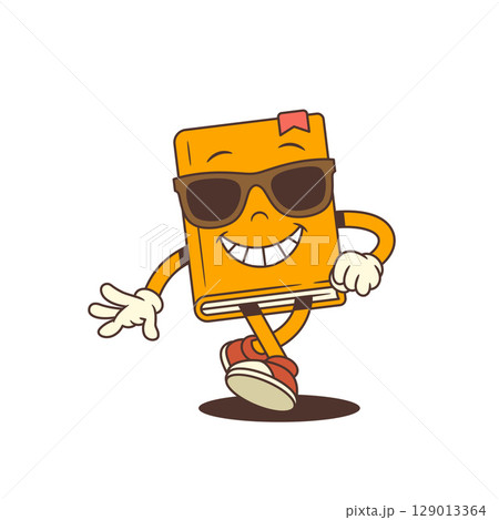 Confident Orange Cartoon Book Mascot Walking Straight Wearing Sunglasses With Cool Attitude 129013364