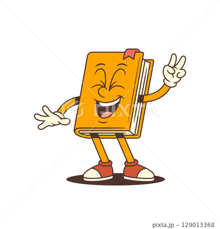 Funny Orange Book Mascot Laughing With Closed Eyes And Showing Victory Hand Sign Vector Illustration 129013368