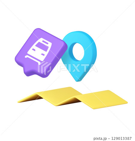 3d Realistic Icon With Railway Station And Yellow Map With Location Pin For Travel And Navigation 129013387