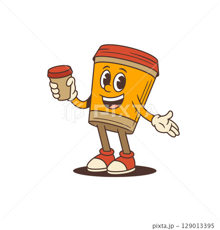 Smiling Coffee Cup Mascot Holding Small Cup in Hand and Enjoying Taste Happily Vector Illustration 129013395