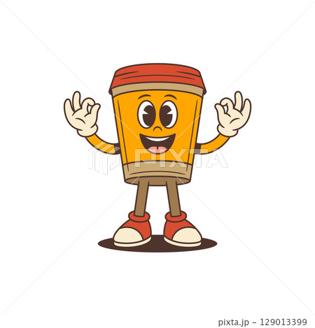 Smiling Coffee Cup Mascot With Raised Hands Showing OK Gestures Cheerful Style Vector Illustration 129013399