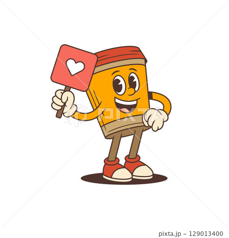 Happy Coffee Cup Mascot Holding Heart Sign In Cheerful Style With Smile Gesture Vector Illustration 129013400