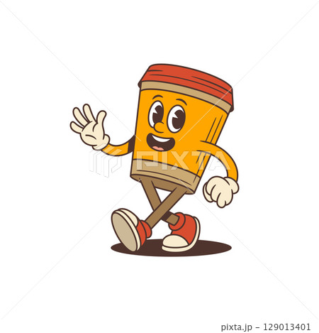 Cheerful Coffee Cup Mascot Walking With Joyful Expression And Active Pose Vector Illustration 129013401