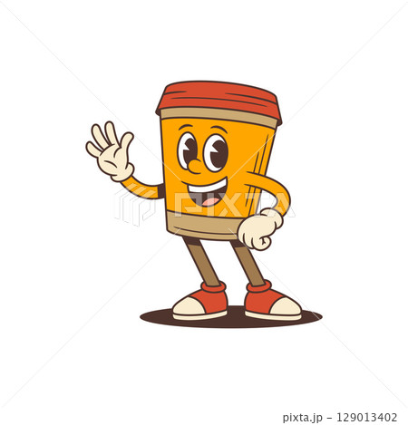 Smiling Coffee Cup Mascot Waving Hand With Friendly Expression And Cheerful Style Vector Illustration 129013402