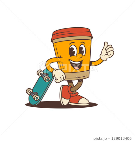 Smiling Coffee Cup Mascot With Red Lid Leaning On Green Skateboard Showing Thumbs Up Vector Illustration Smiling Coffee Cup Mascot With Red Lid Leaning On Green Skateboard Showing Thumbs Up Vector Illustration 129013406