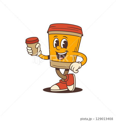 Smiling Coffee Cup Mascot Holding Small Cup With Red Lid On Orange Body Friendly Pose Vector Illustration 129013408
