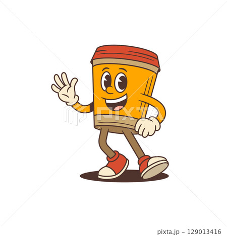 Orange Coffee Cup Mascot Standing Waving Hand Friendly Character For Coffee Shops Vector Illustration 129013416