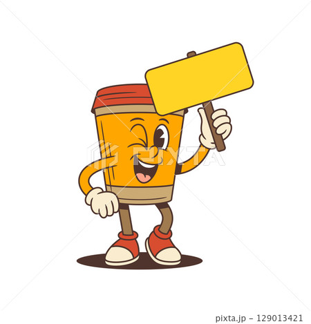 Winking Orange Coffee Cup Mascot Holding Blank Yellow Sign Advertising Character Vector Illustration 129013421
