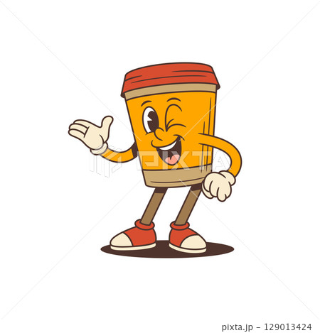 Orange Coffee Cup Mascot Winking And Inviting Hand Gesture For Coffee Shop Opening Vector Illustration 129013424