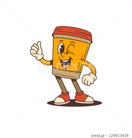 Winking Orange Coffee Cup Mascot Giving Thumbs Up with Red Lid for Branding Vector Illustration 129013426