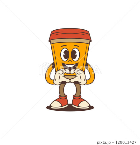 Orange Coffee Cup Mascot Showing Heart Hand Gesture with Red Lid for Cafe Branding Vector Illustration Orange Coffee Cup Mascot Showing Heart Hand Gesture with Red Lid for Cafe Branding Vector Illustration 129013427