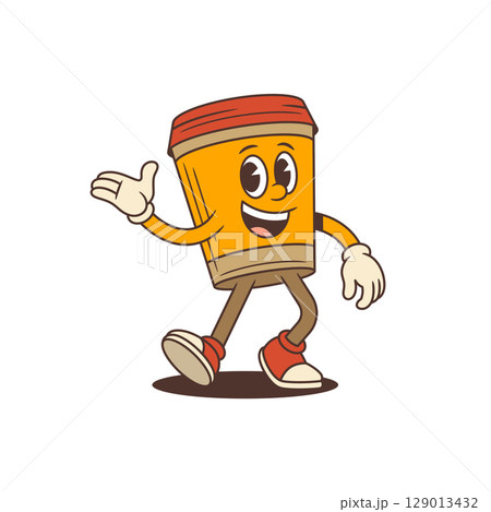 Happy Orange Coffee Cup Mascot Waving Hand In Retro Cartoon Style Vector Illustration 129013432