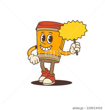 Smiling Orange Coffee Cup Mascot Walking Holding Blank Yellow Promo Sign Vector Illustration 129013433