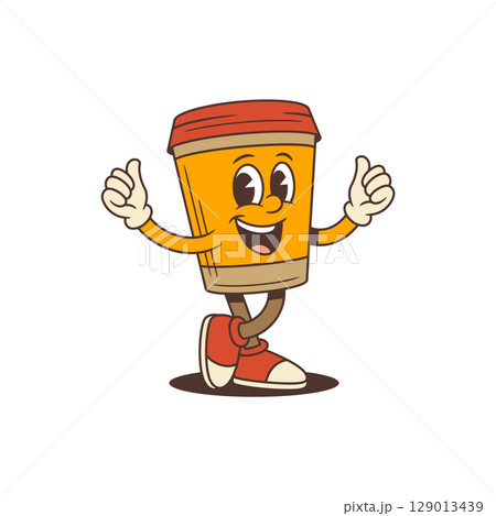 Happy Coffee Cup Mascot Showing Thumbs Up With Both Hands In Cartoon Style Vector Illustration Happy Coffee Cup Mascot Showing Thumbs Up With Both Hands In Cartoon Style Vector Illustration 129013439