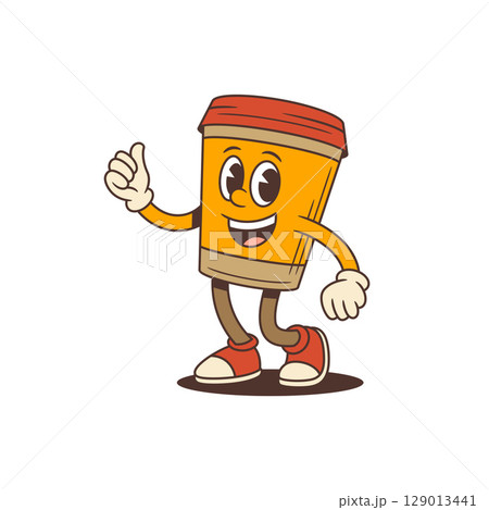 Smiling Coffee Cup Mascot Giving Thumbs Up In Retro Cartoon Style For Cafe Branding Vector Illustration Smiling Coffee Cup Mascot Giving Thumbs Up In Retro Cartoon Style For Cafe Branding Vector Illustration 129013441