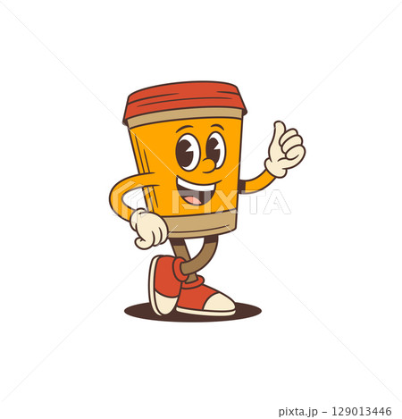 Cheerful Coffee Cup Mascot In Retro Cartoon Style With Sneakers And Gloves Vector Illustration 129013446