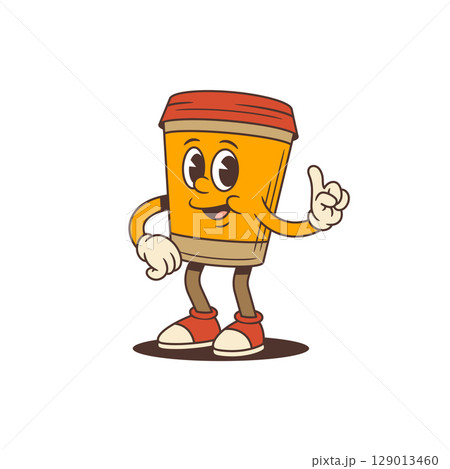 Confident Coffee Cup Mascot Character Pointing Up With Red Lid And Friendly Smile Vector Illustration Confident Coffee Cup Mascot Character Pointing Up With Red Lid And Friendly Smile Vector Illustration 129013460