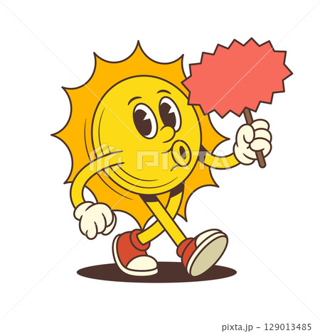 Happy Cartoon Sun Mascot Whistling Walking Holding Empty Red Signboard For Advertising Vector Illustration 129013485
