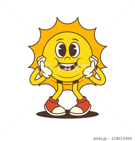 Joyful Vintage Cartoon Sun Mascot With Wide Eyes And Hands On Cheeks Vector Illustration 129013489