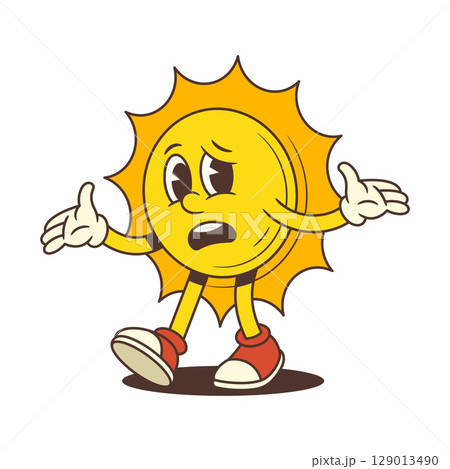 Sad Vintage Cartoon Sun Mascot Walking With Arms Spread Expressing Disappointment Vector Illustration 129013490