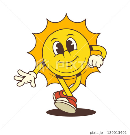 Cheerful Vintage Cartoon Sun Mascot Confidently Walking Forward Vector Illustration 129013491