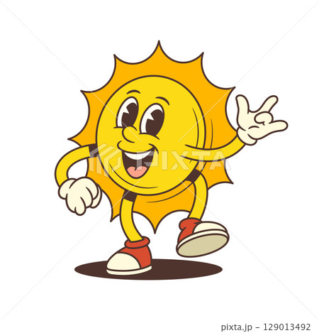 Happy Vintage Cartoon Sun Mascot Showing ILY Hand Gesture With Big Smile Vector Illustration 129013492