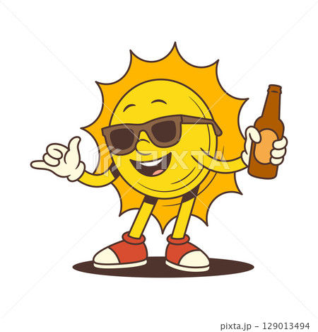 Cheerful Vintage Cartoon Sun Mascot Wearing Sunglasses Holding Beer Bottle Vector Illustration 129013494