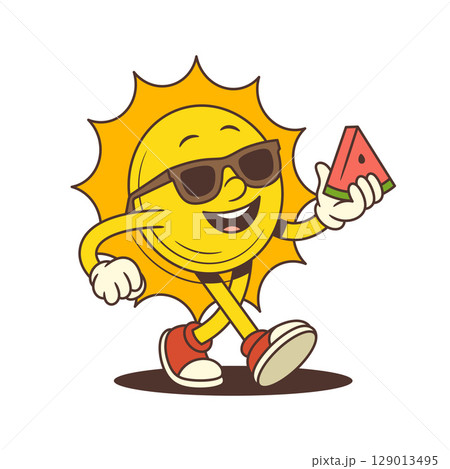 Happy Cartoon Sun Mascot Wearing Sunglasses Holding Watermelon Slice Summer Vector Illustration 129013495