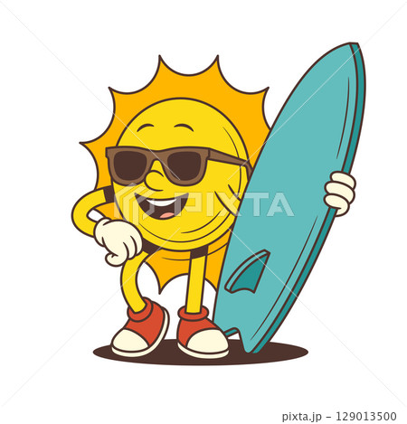 Confident Vintage Cartoon Sun Mascot Wearing Sunglasses Holding Surfboard Vector Illustration 129013500