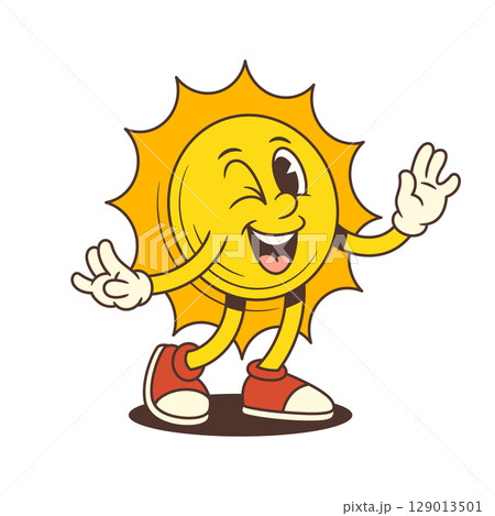 Happy Cartoon Sun Mascot Winking Waving Dancing Smiling Vector Illustration 129013501