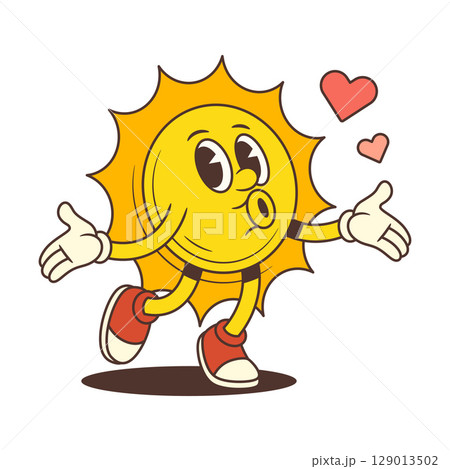 Cheerful Vintage Cartoon Sun Mascot Sending Air Kisses With Flying Red Hearts Vector Illustration 129013502