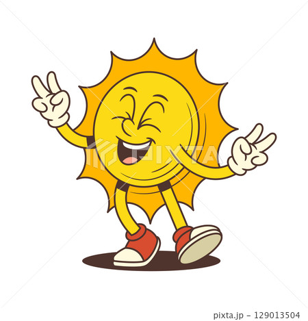 Happy Cartoon Sun Mascot Dancing With Closed Eyes Showing Victory Sign Vector Illustration 129013504