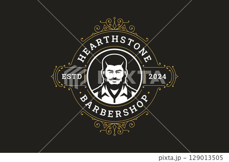 Retro vintage barbershop logo with male portrait, emblem design, grooming service 129013505