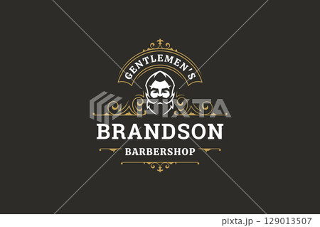 Elegant Barbershop Logo with Vintage Portrait and Retro Decorative Elements for Grooming Services 129013507