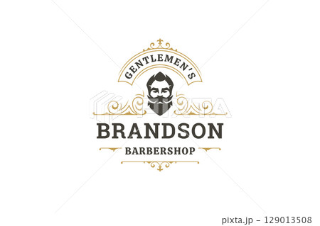 Elegant Gentlemans Barber Shop Logo with Vintage Portrait and Ornate Design Elements 129013508