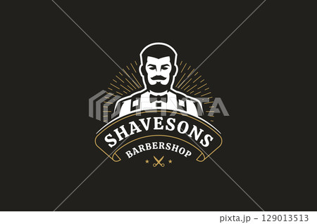 Stylish Gentlemans Barber Shop Logo with Retro Scissors and Mustache Design 129013513