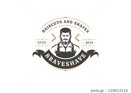 Retro vintage barbershop logo featuring a male barber with grooming tools 129013518