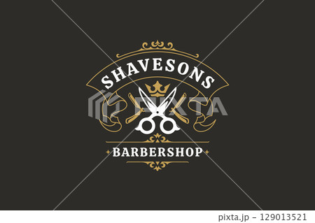Retro Barber Shop Logo with Scissors, Crown, and Vintage Design Elements 129013521