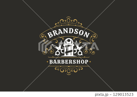 Elegant vintage barbershop logo with barber pole, scissors, and classic design for grooming services Elegant vintage barbershop logo with barber pole, scissors, and classic design for grooming services 129013523