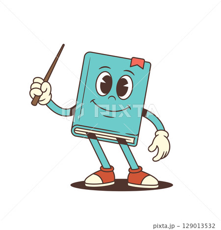 Smiling Blue Cartoon Book Mascot Holding Pointer And Standing In Teaching Pose Vector Illustration Smiling Blue Cartoon Book Mascot Holding Pointer And Standing In Teaching Pose Vector Illustration 129013532