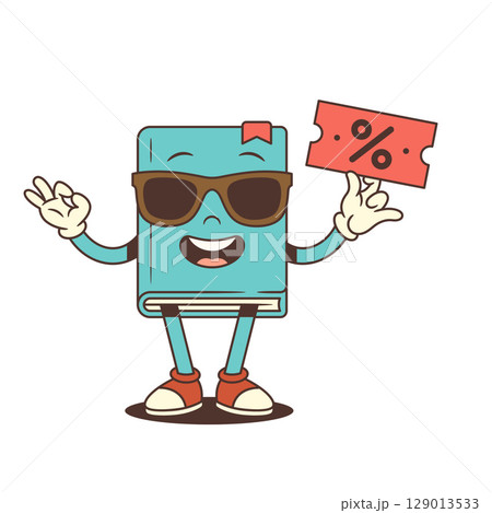 Blue Cartoon Book Mascot With Sunglasses Holding Discount Coupon And Showing Ok Sign Vector Illustration Blue Cartoon Book Mascot With Sunglasses Holding Discount Coupon And Showing Ok Sign Vector Illustration 129013533