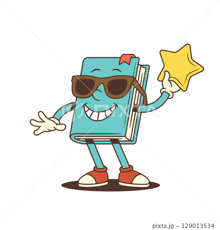 Happy Blue Cartoon Book Mascot Wearing Sunglasses Holding Golden Star Up High Vector Illustration Happy Blue Cartoon Book Mascot Wearing Sunglasses Holding Golden Star Up High Vector Illustration 129013534