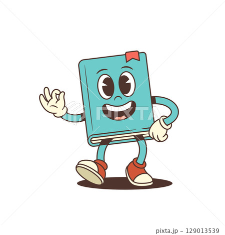Joyful Cartoon Blue Book Mascot With Red Shoes Smiling And Waving While Walking Vector Illustration Joyful Cartoon Blue Book Mascot With Red Shoes Smiling And Waving While Walking Vector Illustration 129013539