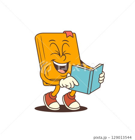 Orange Cartoon Book Mascot Laughing With Closed Eyes While Reading A Funny Story Vector Illustration 129013544
