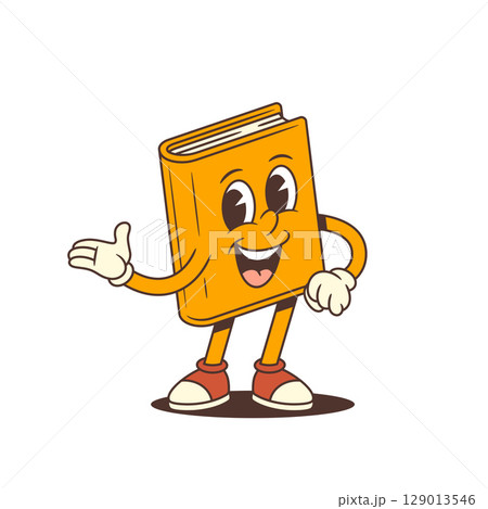 Orange Cartoon Book Mascot Joyfully Telling Story Gesturing With Hand Friendly Expression Orange Cartoon Book Mascot Joyfully Telling Story Gesturing With Hand Friendly Expression 129013546