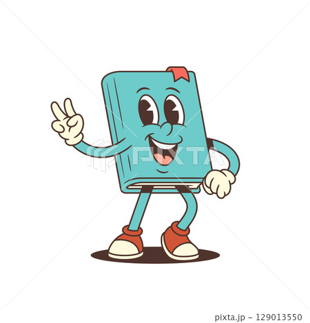 Blue Cartoon Book Mascot Smiling Cheerfully Showing Peace Victory Hand Gesture Vector Illustration 129013550